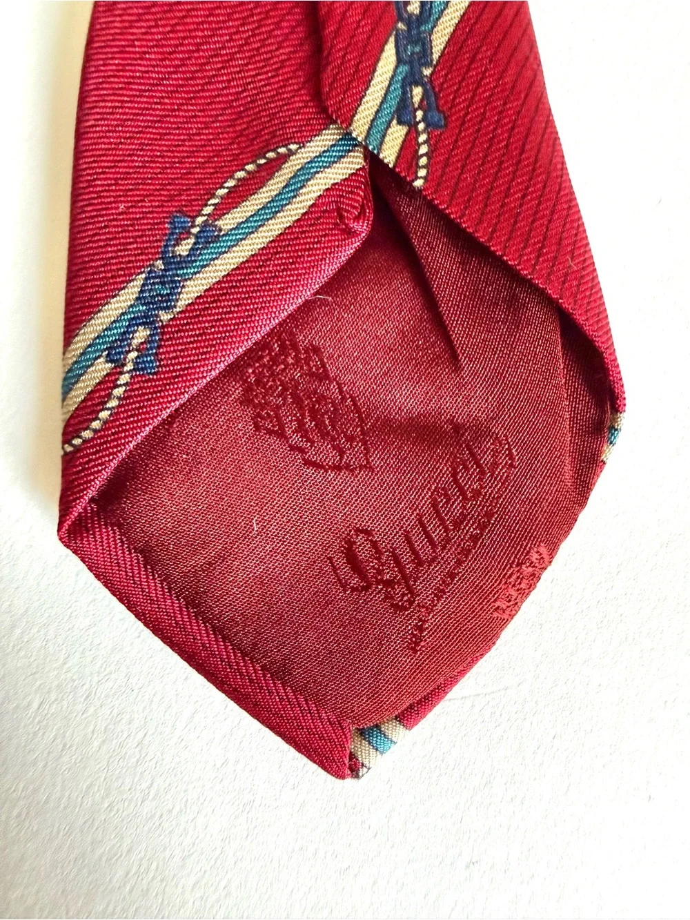 GUCCI Vintage Silk Tie Red Diagonal Stripe Nautical Rope Interlocking GG 80s